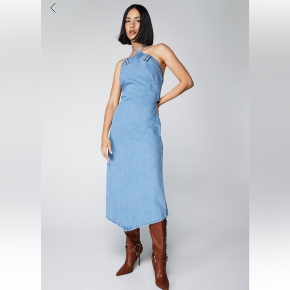 NWT Nasty gal Denim Tie Back Halter Midi Dress - Picture 2 of 9
